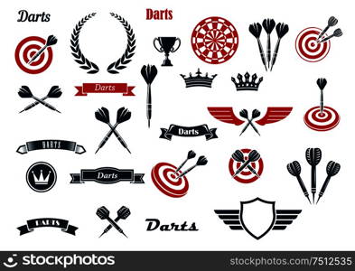 Darts game items and heraldic elements with arrows, dartboards, trophy, heraldic shield, laurel wreath, ribbon banners and crowns. For sports and leisure theme design. Darts game ditems and heraldic elements