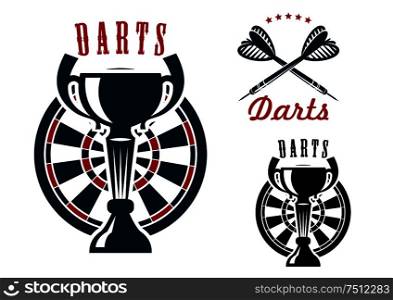 Darts game symbols with trophy cup on dartboard and crossed arrows adorned by stars. Darts symbols with dartboard and cup