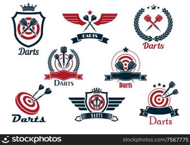 Darts heraldic sports emblems and symbols with crossed darts, laurel wreath, target and ribbons for sporting design
