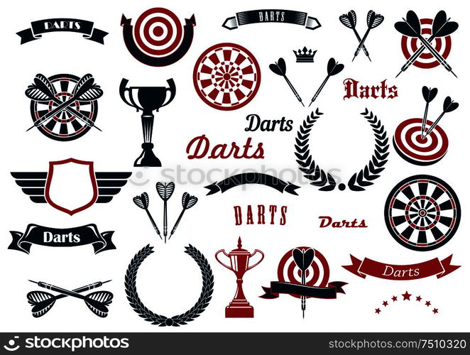 Darts sport game design elements and items with dartboard, arrow, trophy cup, heraldic laurel wreath, winged shield and ribbon banners, stars, crowns. For sports design usage. Darts sport game design elements and items