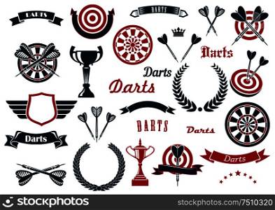 Darts sport game design elements and items with dartboard, arrow, trophy cup, heraldic laurel wreath, winged shield and ribbon banners, stars, crowns. For sports design usage. Darts sport game design elements and items