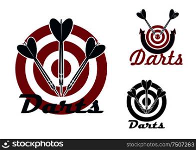 Darts sporting emblems design with red dartboards and darts arrows isolated on white background. Darts emblems with dartboards and arrows