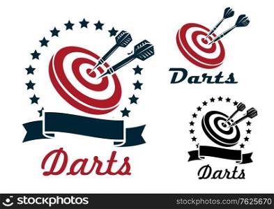 Darts sporting symbols, emblems and icons set with darts, dartboard, ribbon and laurel wreath for sport and leisure design