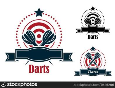 Darts sports emblems with crossed darts over a dart board with a blank ribbon banner and the text - darts - in three color variants an one with the darts in a different position for sporting or leisure design. Vector darts emblem with banner