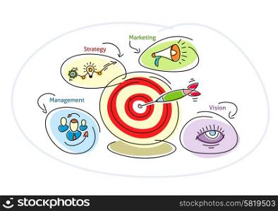 Darts target bubble with lightbulb circles people megaphone eye. Management strategy marketing vision concept cartoon design style