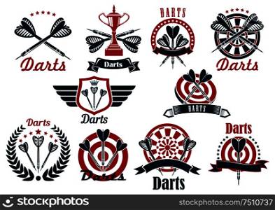 Darts tournament symbols and icons with dartboards, arrows and trophy bowls, decorated by crowned heraldic shield with wings, laurel wreath, ribbon banners and stars. Darts game tournament symbols and icons