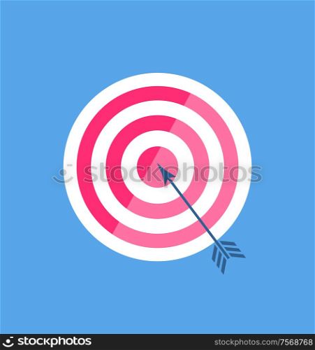 Darts with arrow in center of round with colorful stripes flat vector. Hitting target, goal achievement, element of accuracy and strategy, win strategy. Darts with Arrow in Center of Round Flat Vector