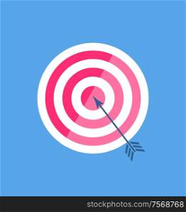 Darts with arrow in center of round with colorful stripes flat vector. Hitting target, goal achievement, element of accuracy and strategy, win strategy. Darts with Arrow in Center of Round Flat Vector
