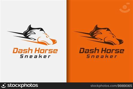 Dash Horse Sneaker Logo Design. Abstract Minimalist Sneaker Shoes Silhouette Combined with Horse Face Concept.