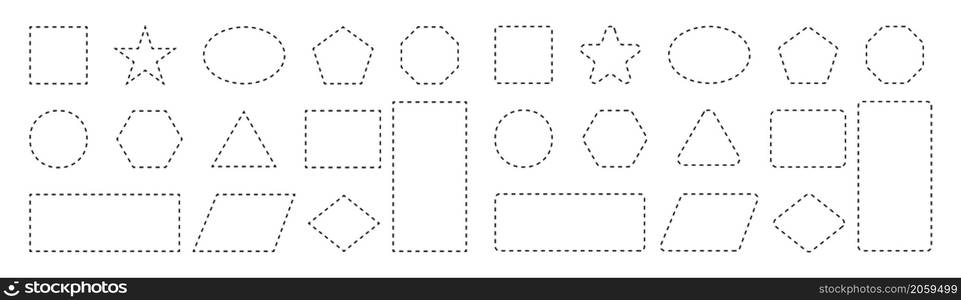 Dash line shapes. Dashed outline of circle, square, star, triangle, oval and heart for coupon. Design of border for basic geometric shapes. Icon of cut frame. Vector.