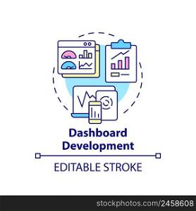 Dashboard development concept icon. Business intelligence ex&le abstract idea thin line illustration. Analysis tool. Isolated outline drawing. Editable stroke. Arial, Myriad Pro-Bold fonts used. Dashboard development concept icon