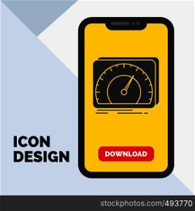 dashboard, device, speed, test, internet Glyph Icon in Mobile for Download Page. Yellow Background. Vector EPS10 Abstract Template background