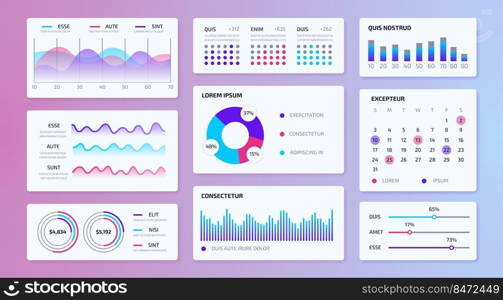 Dashboard diagram. Modern admin panel kit with graphs charts and progress bars, futuristic tech panel and data monitor. Vector presentation indicator reports templates business design reporting. Dashboard diagram. Modern admin panel kit with graphs charts and progress bars, futuristic tech panel and data monitor. Vector presentation