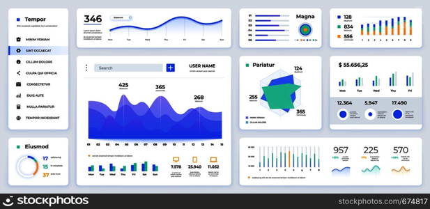 Dashboard UI. Modern presentation with data graphs and HUD diagrams, clean and simple app interface. Vector abstract modern web UI design. Dashboard UI. Modern presentation with data graphs and HUD diagrams, clean and simple app interface. Vector abstract web UI