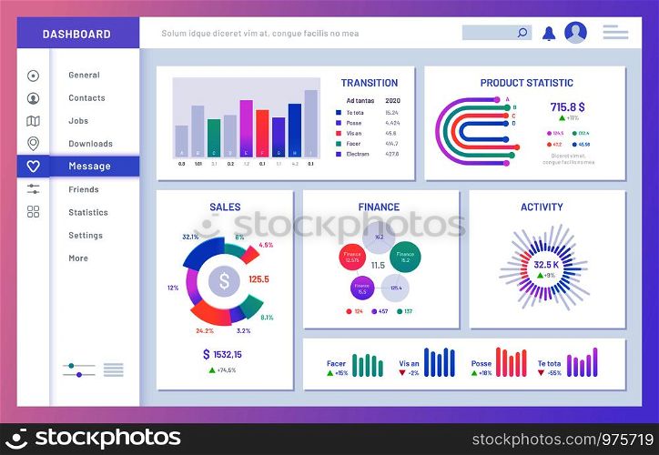 Dashboard ui. Statistic graphs, data charts and diagrams infographic template. Business analysis column, ux graph visualization chart vector illustration. Dashboard ui. Statistic graphs, data charts and diagrams infographic template vector illustration
