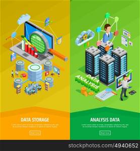 Data Analysis 2 vertical Isometric Banners . Big data storage and analysis technology informatio decisions 2 isometric vertical banners webpage design isolated vector illustration