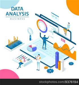Data analysis 3d isometric style illustration with people around laptop. 3d isometric Data analysis