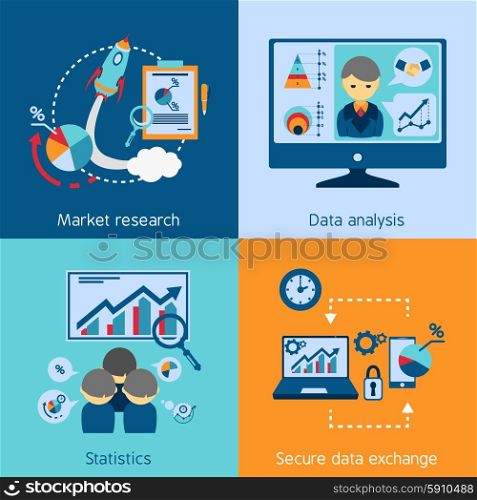 Data analysis 4 flat icons square. Market research statistic data analysis and exchange 4 flat icons square composition banner abstract isolated vector illustration