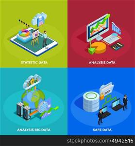 Data Analysis 4 Isometric Icons Square. Big data collecting safe storage and analytic analysis for business efficiency 4 isometric icons square isolated vector illustration