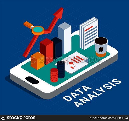 Data analysis abstract poster with algorithm magnifier cup of coffee isometric icons placed on smartphone screen vector illustration . Data Analysis Isometric Poster