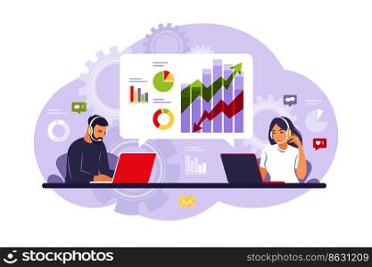 Data analysis and marketing concept. People analysts working with data on dashboard. Vector illustration. Flat.