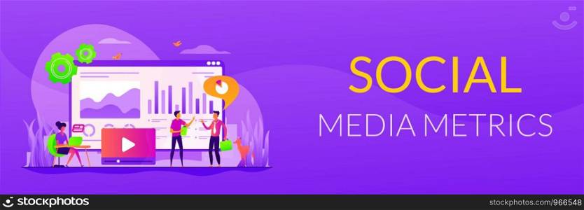 Data analysis, business analytics, SMM strategy. Analysts team working. Social media dashboard, online marketing interface, social media metrics concept. Header or footer banner template with copy space.. Social media dashboard web banner concept