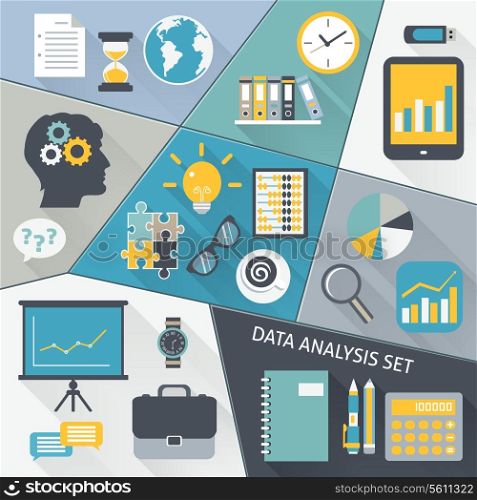 Data analysis business flat icons set with symbols and gadgets isolated vector illustration.