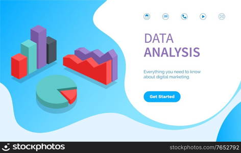 Data analysis, charts and shapes, abstract representation of information. Visualized info in shapes and forms. Report in diagram and flowchart. Website or webpage template, landing flat style vector. Data Analysis, Website with Info and Infocharts