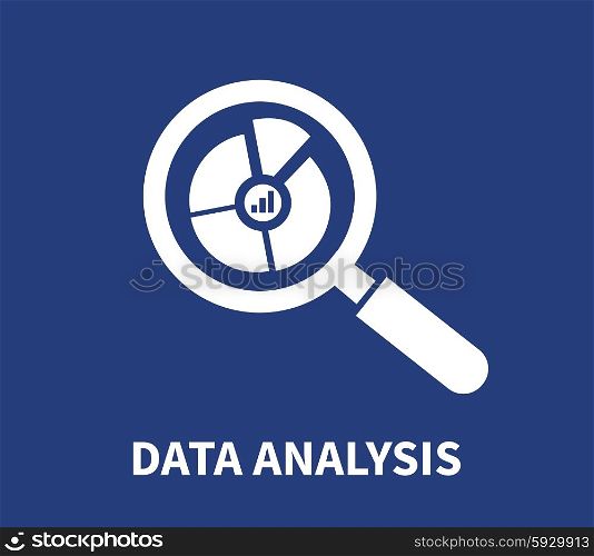 Data analysis concept on blue background. Magnifying glass with white chart. For web construction, mobile applications, banners, corporate brochures, book covers, layouts