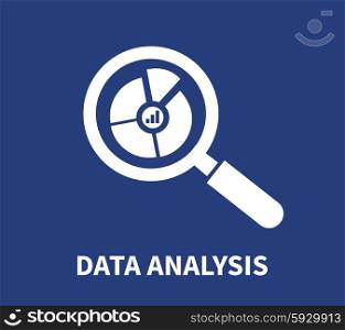 Data analysis concept on blue background. Magnifying glass with white chart. For web construction, mobile applications, banners, corporate brochures, book covers, layouts
