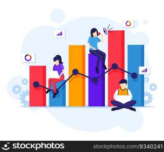 Data Analysis concept, People work near a big graph chart vector illustration