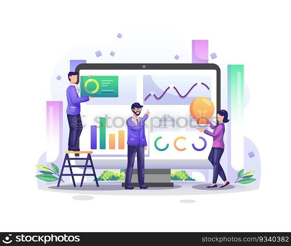 Data Analysis concept with character people on computer screen analyzes charts and graphic data visualization. Vector illustration
