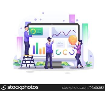 Data Analysis concept with character people on computer screen analyzes charts and graphic data visualization. Vector illustration