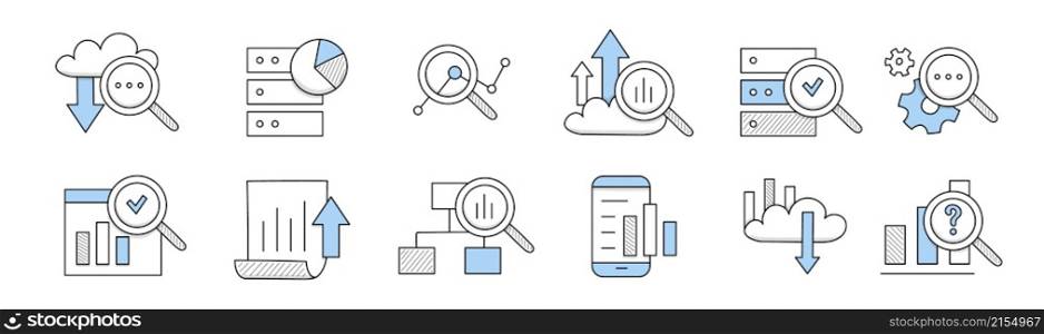 Data analysis doodle icons set. Information cloud storage, magnifying glass, graph, arrow and envelope. Server, cogwheels and documents, smartphone with column charts, Line art vector illustration. Data analysis doodle icons, line art vector signs