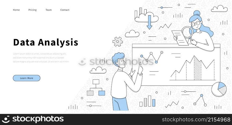 Data analysis doodle landing page, business analysts learning charts at dashboard, planning investment strategy, profits and risks. Sales management statistics and reports Line art vector web banner. Data analysis doodle landing page, business risks