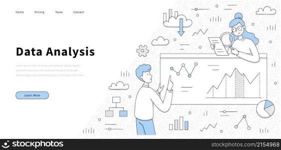 Data analysis doodle landing page, business analysts learning charts at dashboard, planning investment strategy, profits and risks. Sales management statistics and reports Line art vector web banner. Data analysis doodle landing page, business risks