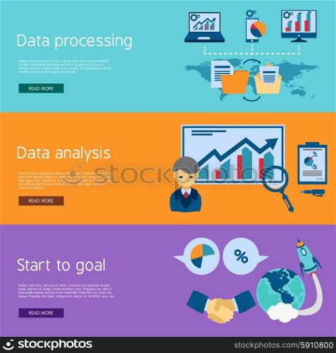 Data analysis flat banners set. Data analysis and processing for startup goals setting 3 flat horizontal banners set abstract isolated vector illustration