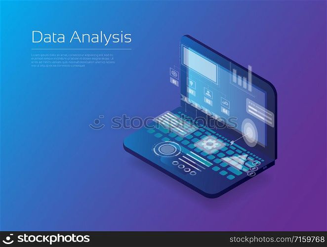 Data analysis, hologram icon with Isometric notebook