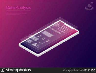 Data analysis, hologram icon with Isometric smartphone