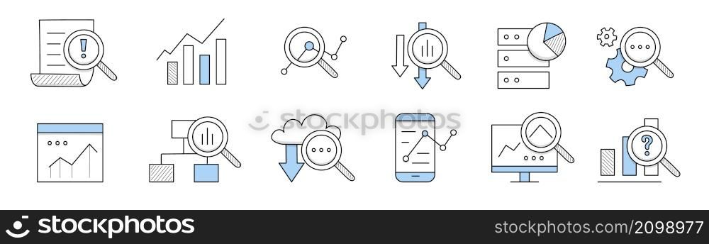 Data analysis icons, research of business, finance or science information. Vector doodle set with charts, diagrams on computer screen, magnifying glass, gear and document. Data analysis icons, analytics research