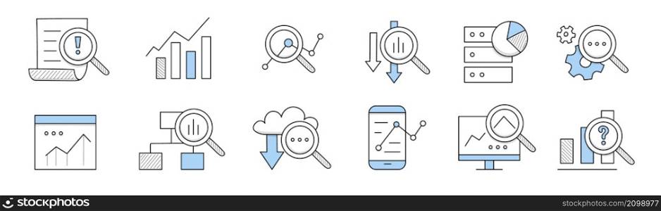 Data analysis icons, research of business, finance or science information. Vector doodle set with charts, diagrams on computer screen, magnifying glass, gear and document. Data analysis icons, analytics research