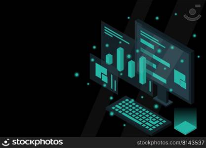 Data analysis in isometric vector design. Technician in datacenter or data center room background. Network mainframe infrastructure website layout. Computer storage or farming workstation.
