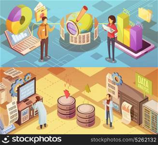 Data Analysis Isometric Banners. Data analysis isometric banners with staff computer equipment global information search charts and statistics isolated vector illustration