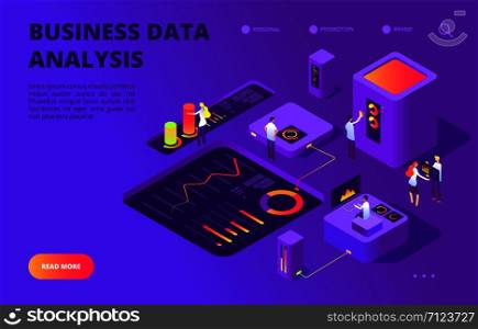 Data analysis isometric concept. People work on infographic chart, dashboard database. Digital technology landing vector page. Illustration of infographic 3d, dashboard analysis. Data analysis isometric concept. People work on infographic chart, dashboard database. Digital technology landing vector page
