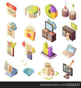 Data Analysis Isometric Elements Set. Set of isometric elements with data check search and analysis charts and software isolated vector illustration