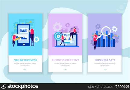 Data analysis of online business for achievement of objectives set of vertical flat banners isolated vector illustration. Business Analysis Flat Banners