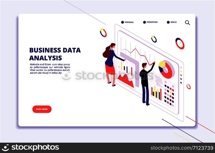 Data analysis. People work on business finance charts. Statistical surveillance. Big data isometric vector concept. Illustration of business data analysis 3d isometric. Data analysis. People work on business finance charts. Statistical surveillance. Big data isometric vector concept