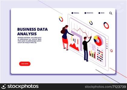 Data analysis. People work on business finance charts. Statistical surveillance. Big data isometric vector concept. Illustration of business data analysis 3d isometric. Data analysis. People work on business finance charts. Statistical surveillance. Big data isometric vector concept