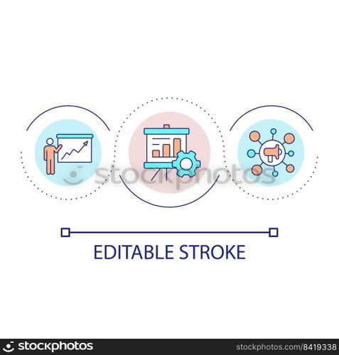 Data analysis presentation loop concept icon. Information visualization for seminar. Business abstract idea thin line illustration. Isolated outline drawing. Editable stroke. Arial font used. Data analysis presentation loop concept icon