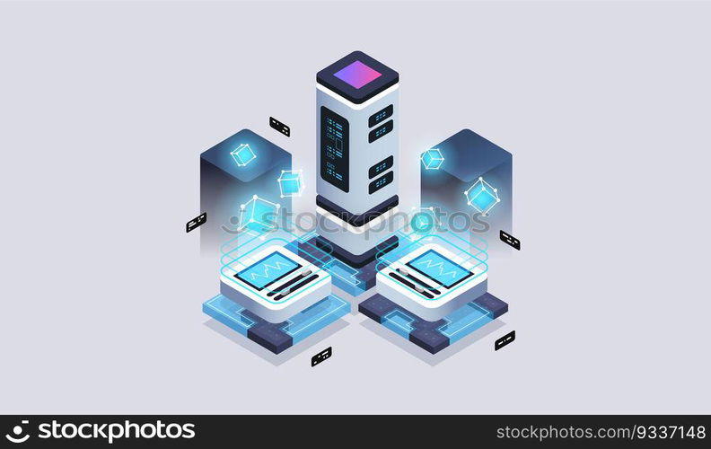 Data analysis processing big data computing, information flow,digital science lab. Tech visualization concept. 3d isometric vector illustration.